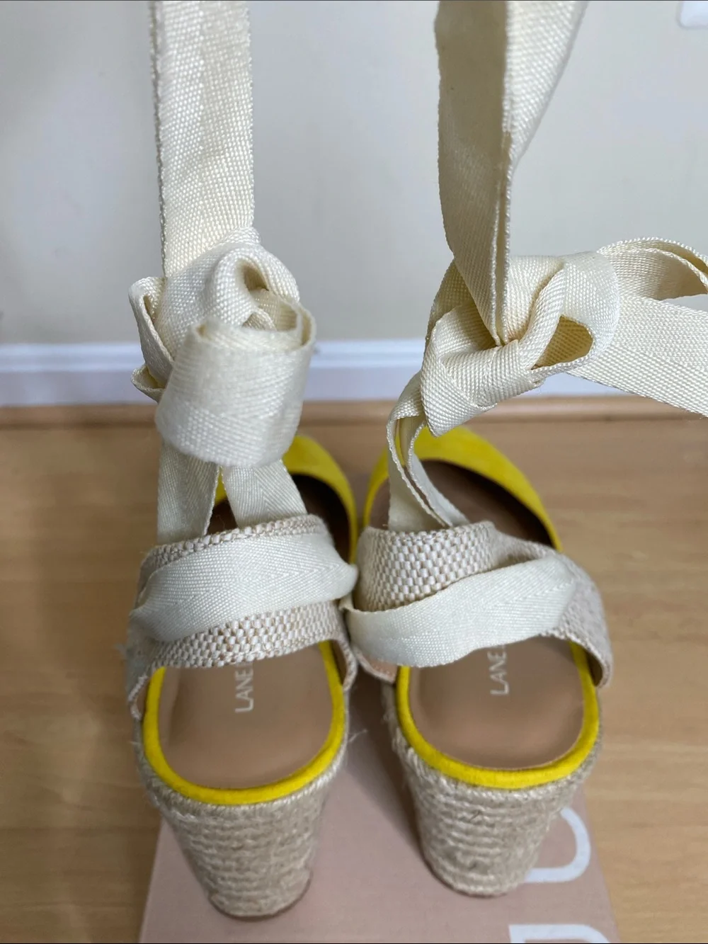 Lane Bryant Yellow Suede Espadrille Wedge Sandals with Cream Wraps